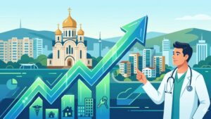 Современная иллюстрация с медицинскими атрибутами и панорамным видом на город Чита для статьи об ипотеке.