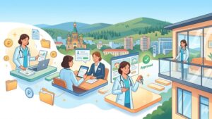 Современная иллюстрация врача на фоне панорамы Читы для статьи об оформлении ипотеки